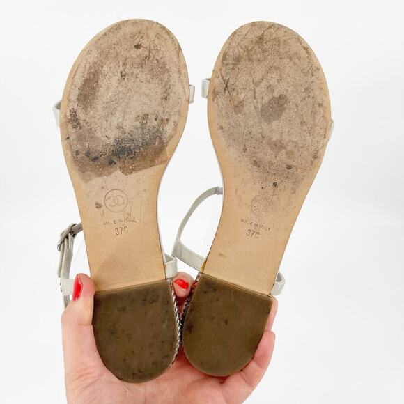 Chanel 37C Gray Quilted Leather Faux Pearl CC Logo Ankle Strap Flat Sandals - Picture 13 of 14